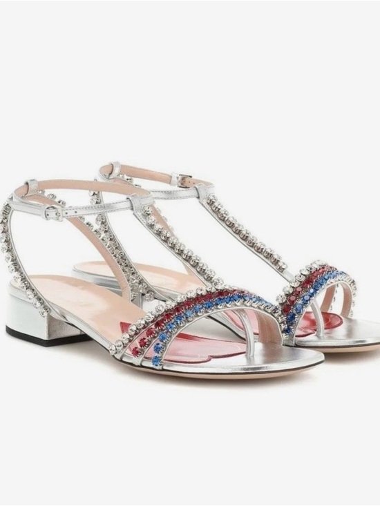 New Gucci Bertie Sandals with Red, Clear, and Blue Crystal Straps 37.5 - Picture 12 of 14